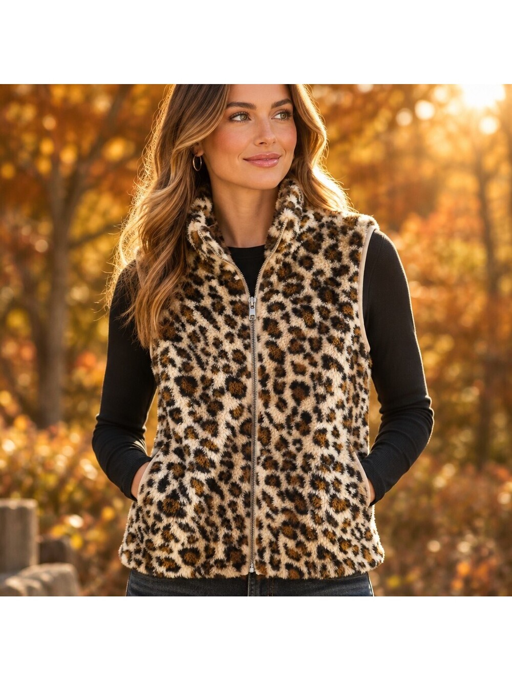 Cozy Leopard Print Faux Fur Full Zip Pockets Fleece Layering Vest Small 5150